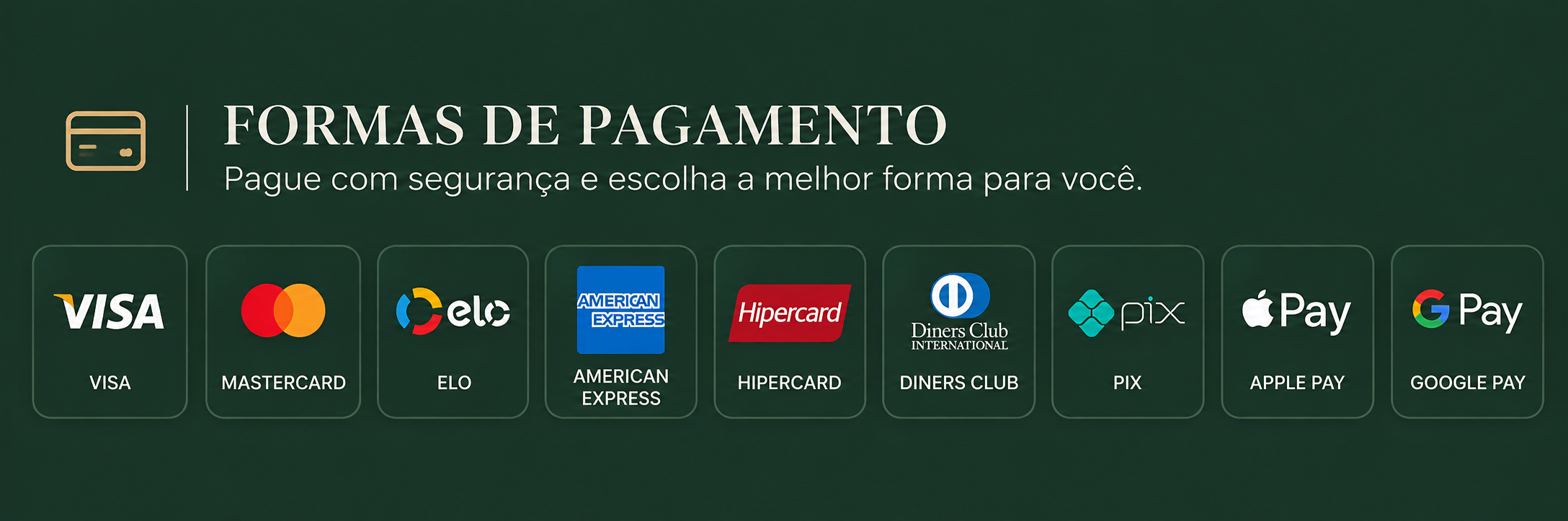 Formas de pagamento: Visa, Mastercard, Elo, American Express, Hipercard, Diners Club, Pix, Apple Pay e Google Pay. Pague com segurança e escolha a melhor forma para você.